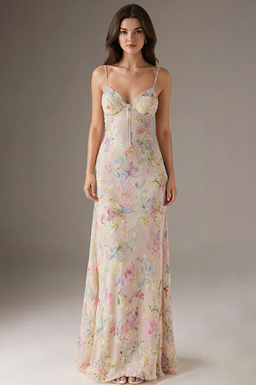 Pink Spaghetti Straps Floral Sheath Evening Dress